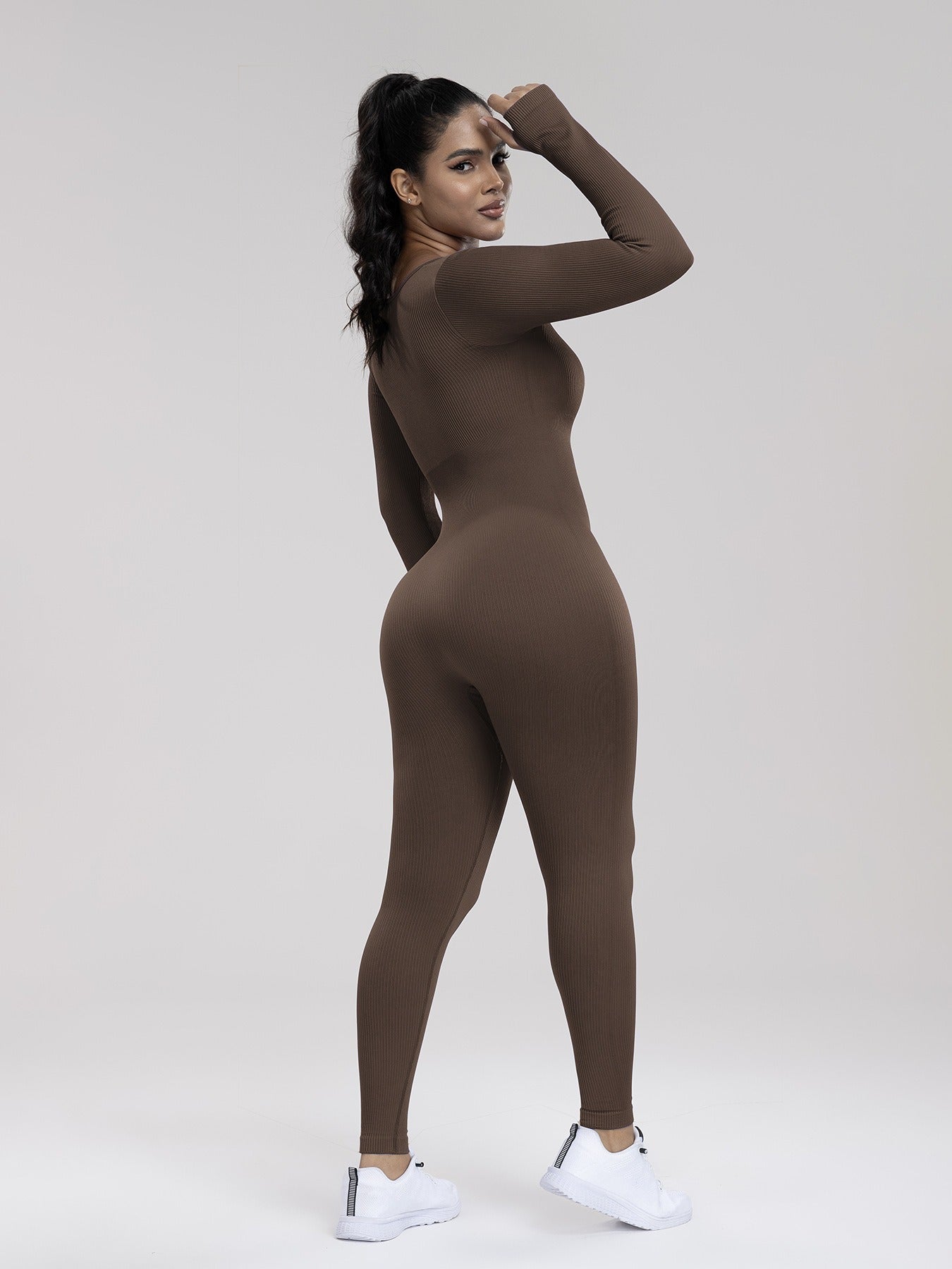 YOGA Women's Solid Ribbed Long Sleeve Sports Playsuit Tummy Control Jumpsuit, Workout Ribbed Long Sleeve Exercise Bodycon Jumpsuit, Seamless Jumpsuits One-piece Yoga Suit